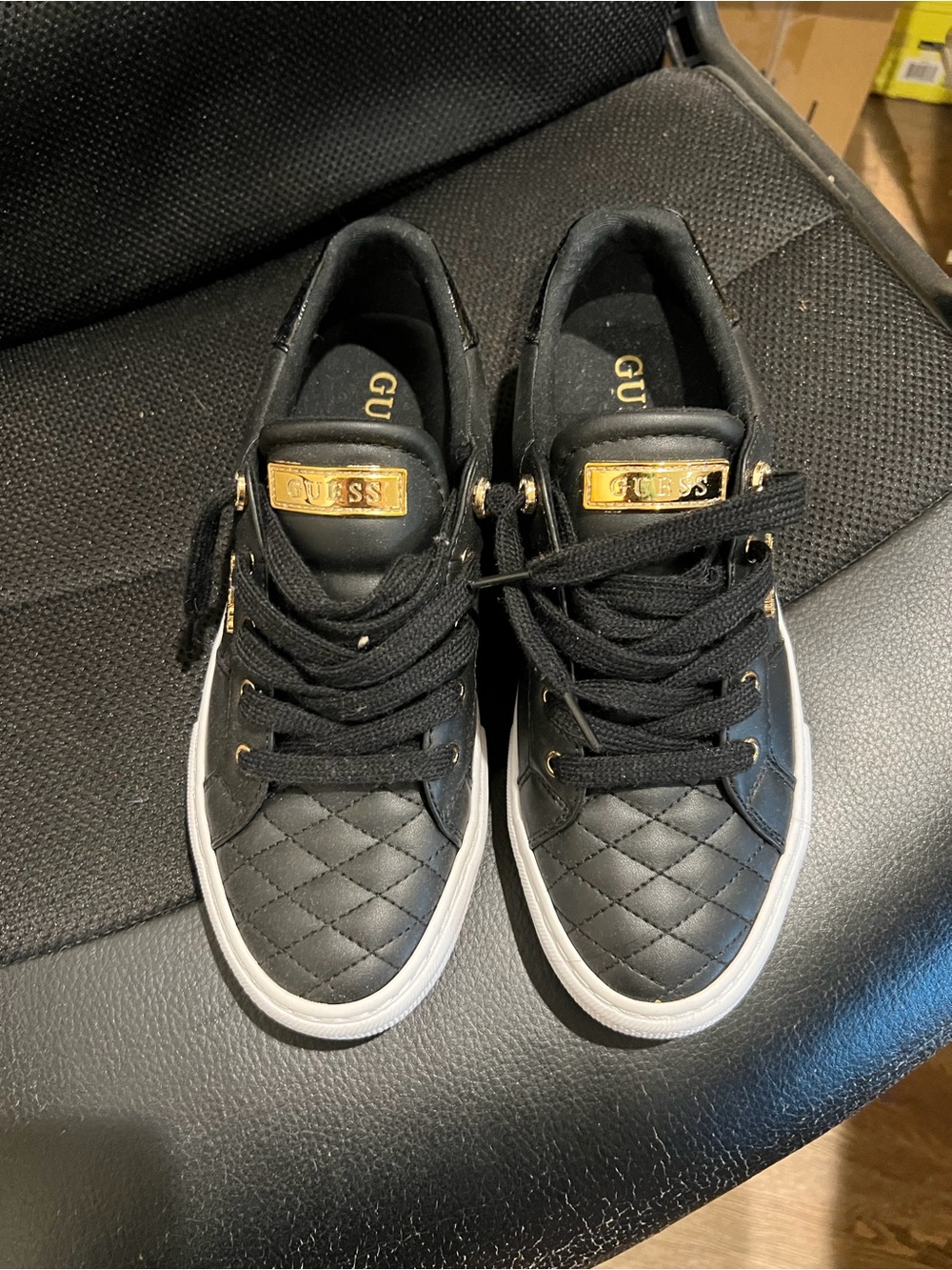 Women’s GUESS Black Quilted Low-Top Sneakers W/ White Soles & Gold Hardware 9.5